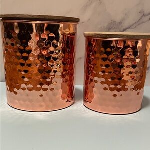 Uncommon Goods Hammered Copper Canister Nesting Set of 2 with Wooden Lids NIB